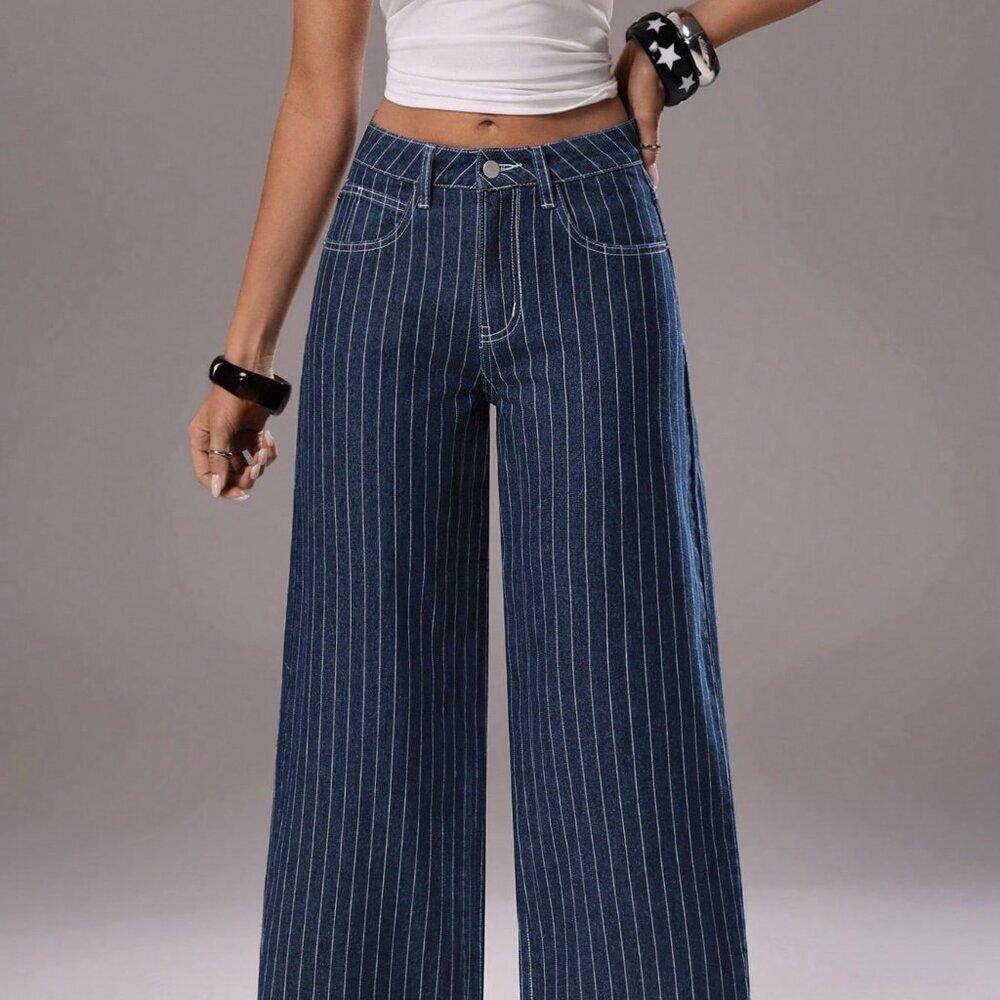 Medium Wash Casual Women's Striped Low-Waist Straight Leg Jeans - Picture 4 of 7